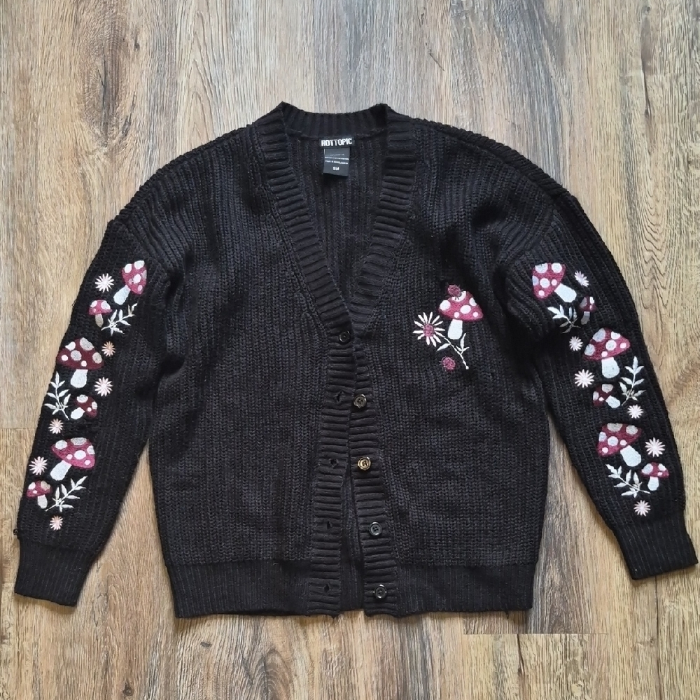 **DISTRESSED** Hot Topic Black Cardigan with Mushroom Embroidery